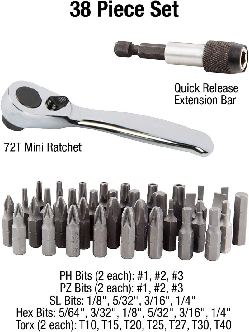 SUNEX Tools 9726 Mini Ratchet and Bit Set with Quick Release Extension Bar - 38-Piece S2 Bits - Image 2